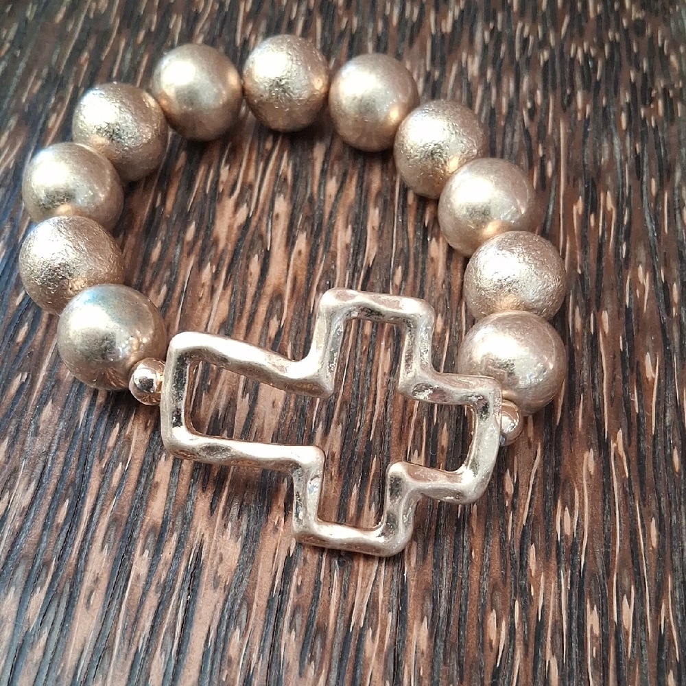 Gold Beaded Cross Stretch Bracelet - Unbranded